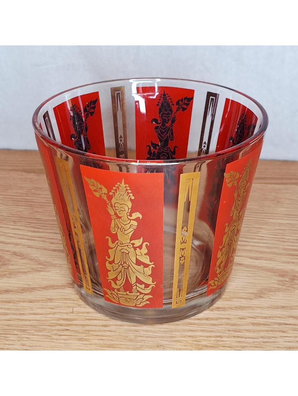 Culver VTG Siam Thai Dancers Red & 22K Gold Glass Ice Bucket MCM